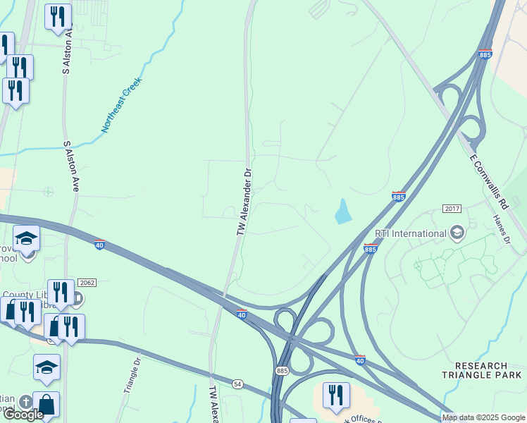 map of restaurants, bars, coffee shops, grocery stores, and more near 79 TW Alexander Drive in Durham