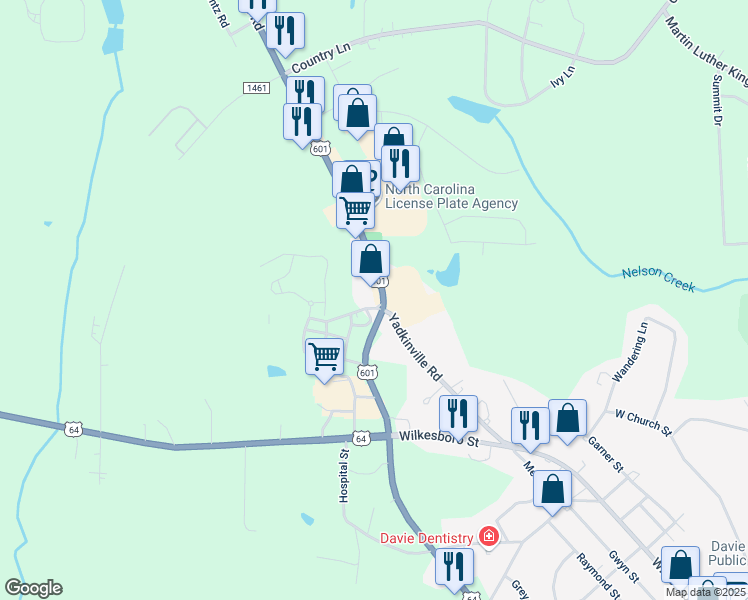 map of restaurants, bars, coffee shops, grocery stores, and more near 120 Boxwood Village Drive in Mocksville