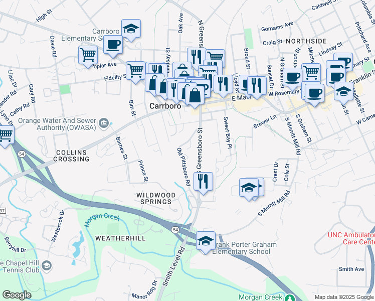 map of restaurants, bars, coffee shops, grocery stores, and more near 105 Old Pittsboro Road in Carrboro