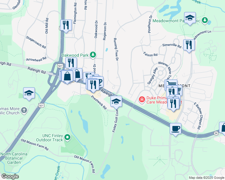 map of restaurants, bars, coffee shops, grocery stores, and more near 206 Oak Tree Drive in Chapel Hill