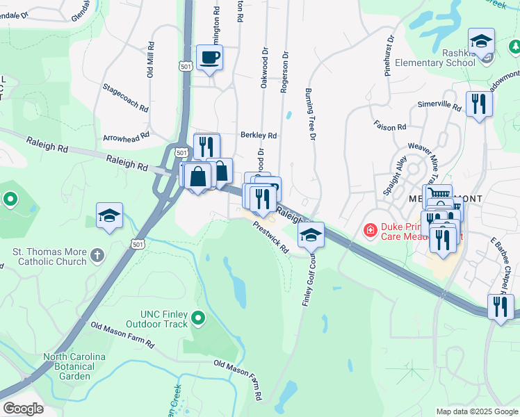 map of restaurants, bars, coffee shops, grocery stores, and more near 3509 Environ Way in Chapel Hill