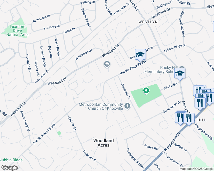 map of restaurants, bars, coffee shops, grocery stores, and more near 1109 Whisper Trace Lane in Knoxville