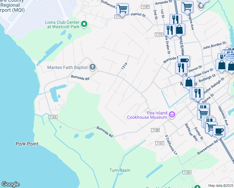 map of restaurants, bars, coffee shops, grocery stores, and more near 124 Amelia Heights in Manteo