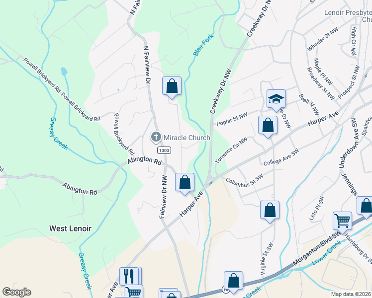 map of restaurants, bars, coffee shops, grocery stores, and more near 228 Brookdale Place Northwest in Lenoir