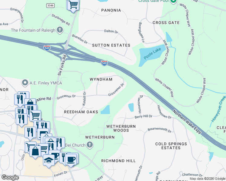 map of restaurants, bars, coffee shops, grocery stores, and more near 9100 Brompton Court in Raleigh