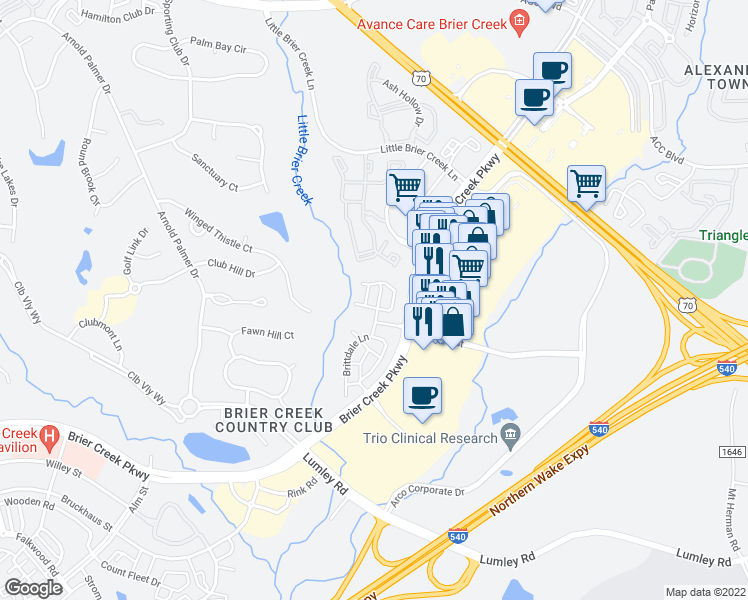map of restaurants, bars, coffee shops, grocery stores, and more near 8300 Brass Mill Lane in Raleigh