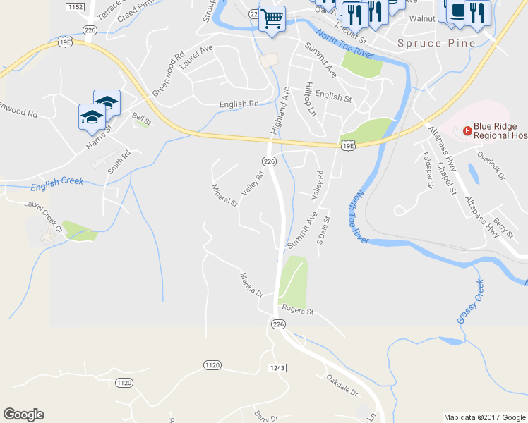 map of restaurants, bars, coffee shops, grocery stores, and more near 209 Hollifield Street in Spruce Pine