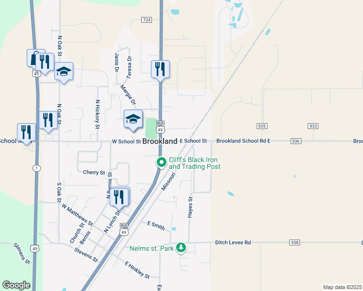 map of restaurants, bars, coffee shops, grocery stores, and more near 104 East School Street in Brookland