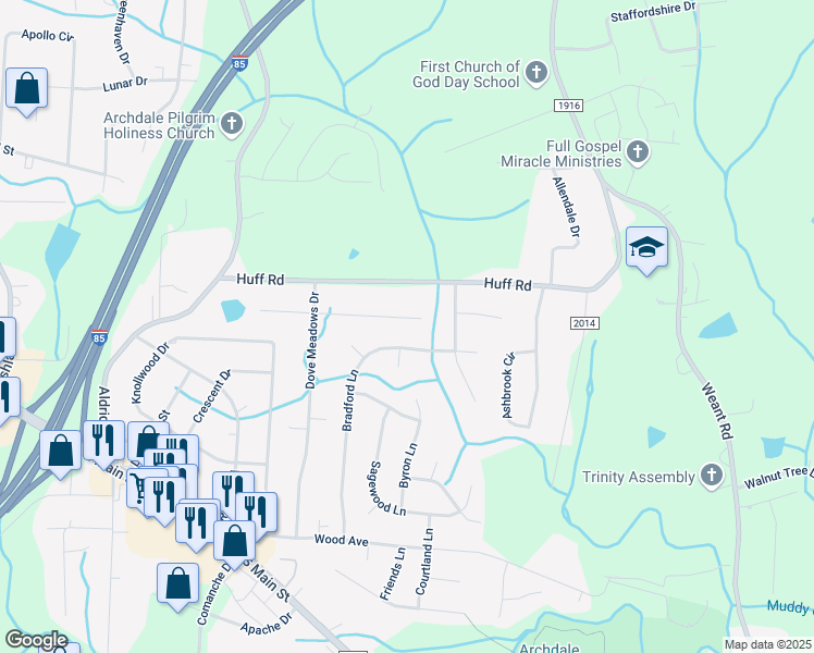map of restaurants, bars, coffee shops, grocery stores, and more near 228 Aldridge Lane in Archdale