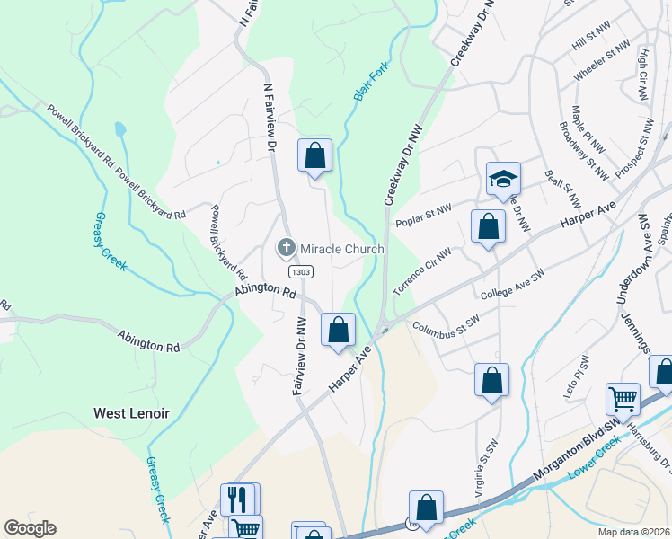 map of restaurants, bars, coffee shops, grocery stores, and more near 228 Brookdale Place Northwest in Lenoir