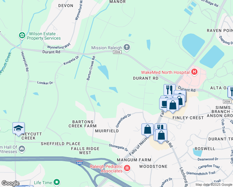 map of restaurants, bars, coffee shops, grocery stores, and more near 9506 Barton Creek Road in Raleigh