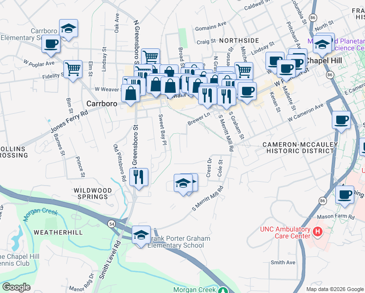 map of restaurants, bars, coffee shops, grocery stores, and more near 107 Eugene Street in Carrboro