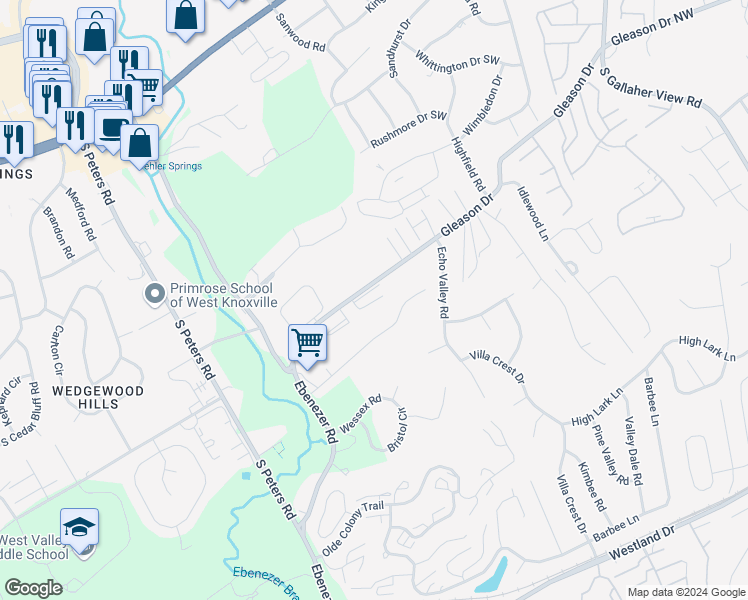map of restaurants, bars, coffee shops, grocery stores, and more near 8821 Ashton Court in Knoxville