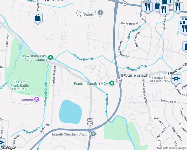 map of restaurants, bars, coffee shops, grocery stores, and more near 664 Ayrshire Circle in Franklin