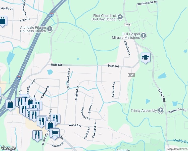 map of restaurants, bars, coffee shops, grocery stores, and more near 228 Aldridge Lane in Archdale
