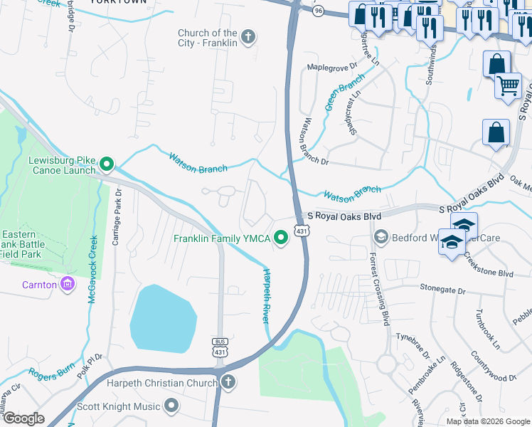 map of restaurants, bars, coffee shops, grocery stores, and more near 2203 Champions Circle in Franklin