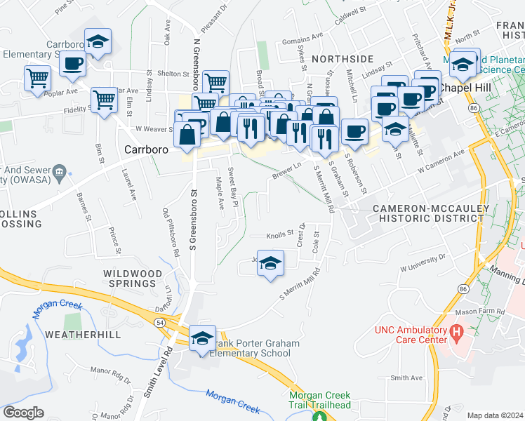 map of restaurants, bars, coffee shops, grocery stores, and more near 105 Eugene Street in Carrboro