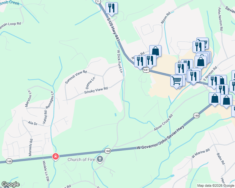 map of restaurants, bars, coffee shops, grocery stores, and more near 7317 West Dick Ford Lane in Knoxville