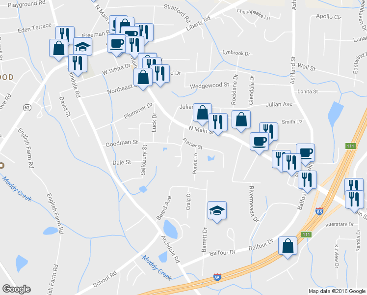 map of restaurants, bars, coffee shops, grocery stores, and more near 106 Brittany Way in High Point