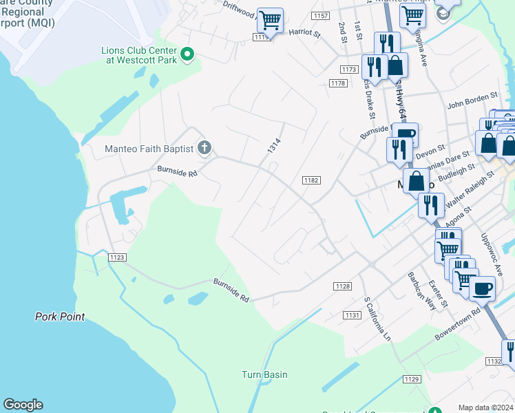 map of restaurants, bars, coffee shops, grocery stores, and more near 124 Amelia Heights in Manteo