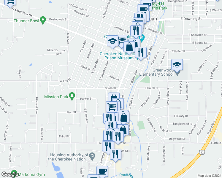 map of restaurants, bars, coffee shops, grocery stores, and more near 510 College Court in Tahlequah