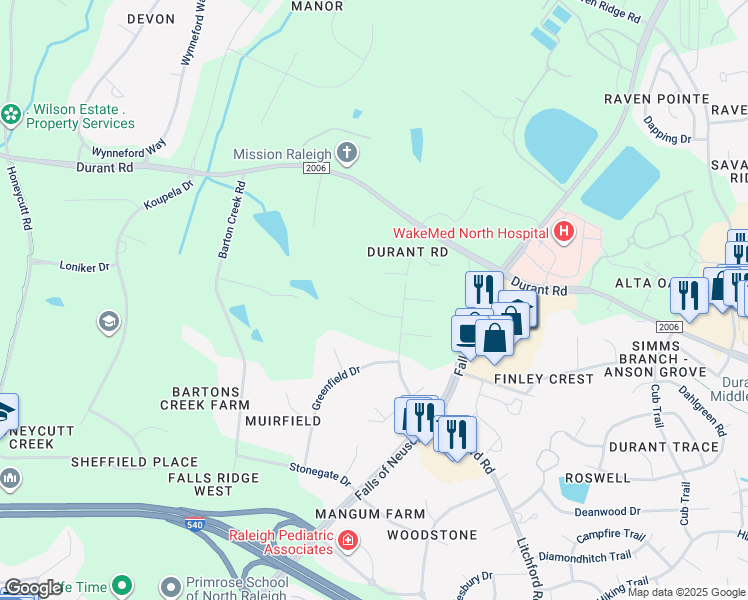 map of restaurants, bars, coffee shops, grocery stores, and more near 1913 Topsfield Court in Raleigh