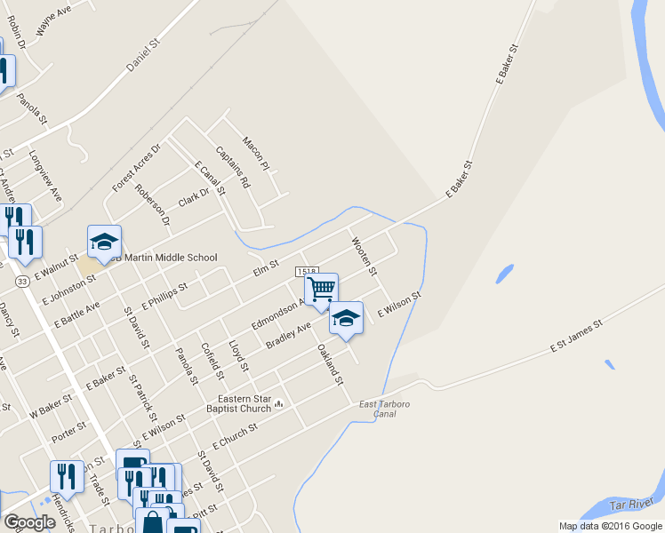map of restaurants, bars, coffee shops, grocery stores, and more near 1107 Martin Luther King Junior Drive in Tarboro