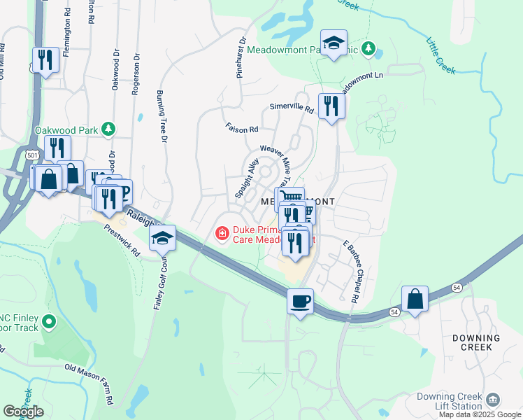 map of restaurants, bars, coffee shops, grocery stores, and more near 109 Weaver Mine Trail in Chapel Hill