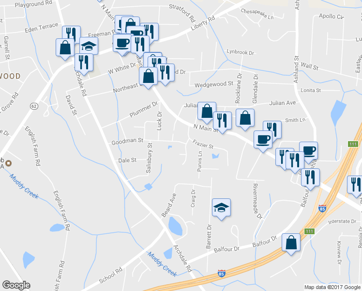 map of restaurants, bars, coffee shops, grocery stores, and more near 1502 Chelsea Square in Archdale