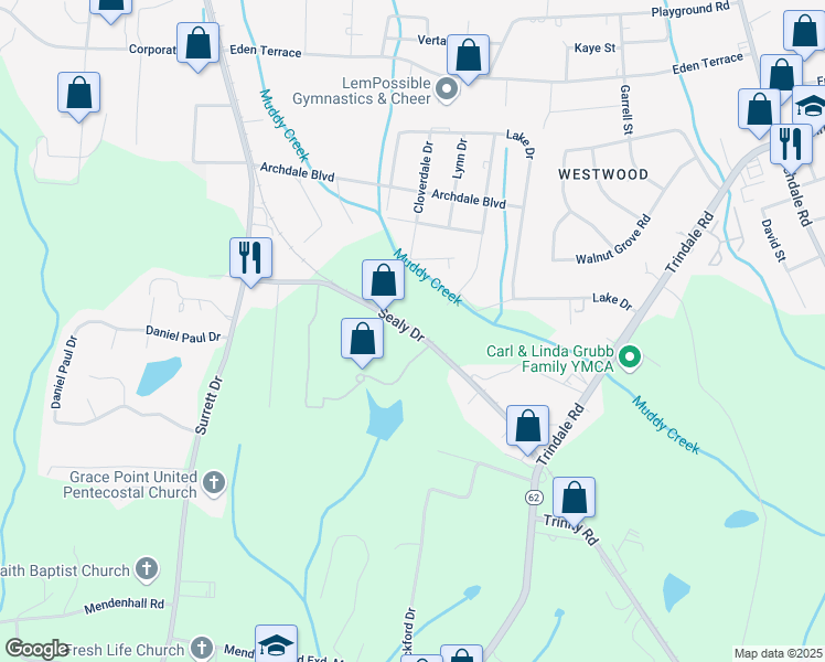 map of restaurants, bars, coffee shops, grocery stores, and more near 209 Sealy Drive in Trinity