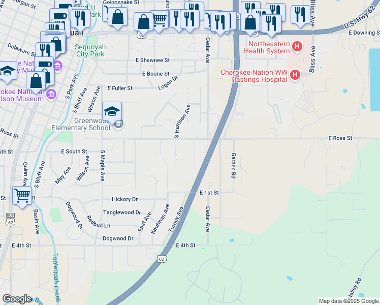 map of restaurants, bars, coffee shops, grocery stores, and more near 508 South Cedar Place in Tahlequah