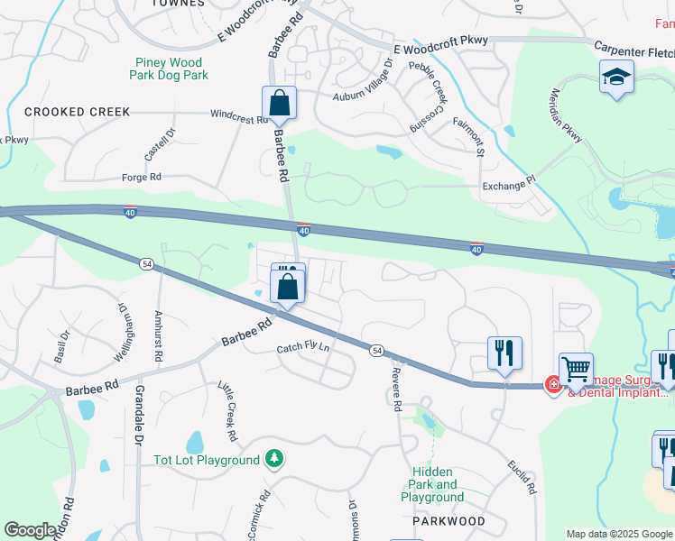 map of restaurants, bars, coffee shops, grocery stores, and more near 1021 Mirbeck Lane in Durham
