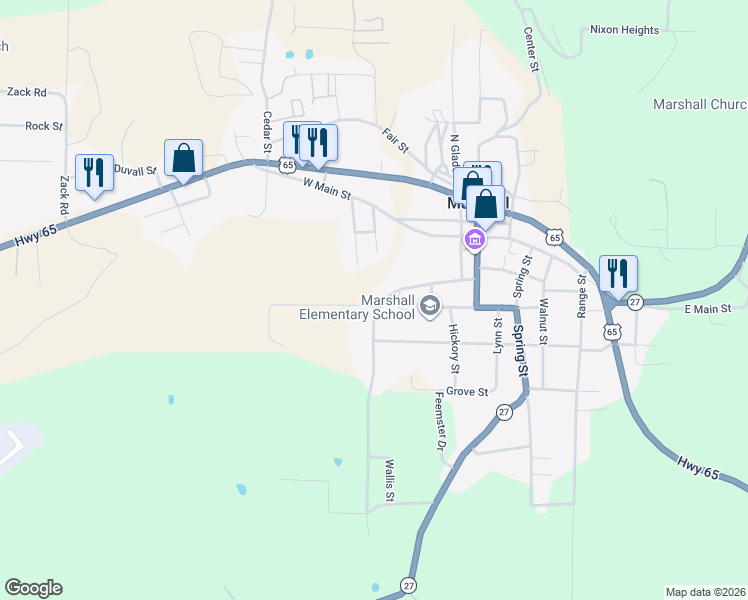 map of restaurants, bars, coffee shops, grocery stores, and more near 322 Canaan Road in Marshall