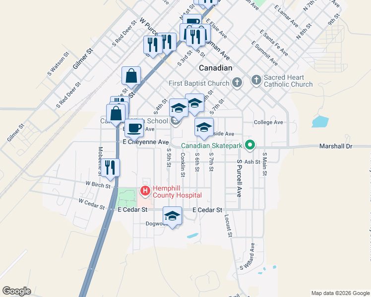 map of restaurants, bars, coffee shops, grocery stores, and more near 707 Conklin Street in Canadian