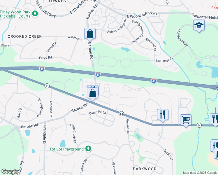 map of restaurants, bars, coffee shops, grocery stores, and more near 1021 Mirbeck Lane in Durham