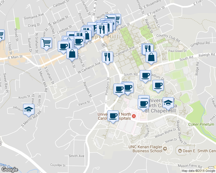 map of restaurants, bars, coffee shops, grocery stores, and more near 367 Pittsboro Street in Chapel Hill
