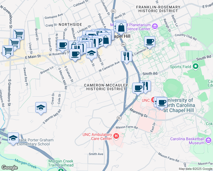 map of restaurants, bars, coffee shops, grocery stores, and more near in Chapel Hill