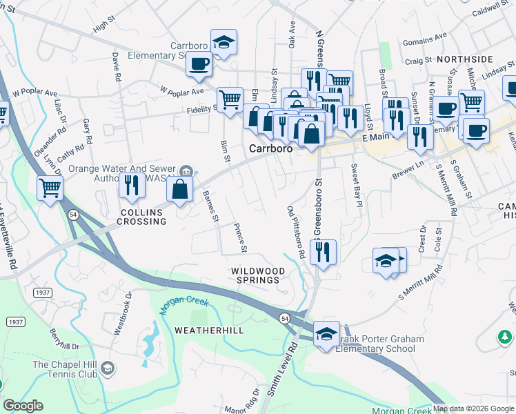 map of restaurants, bars, coffee shops, grocery stores, and more near 303a Laurel Avenue in Carrboro