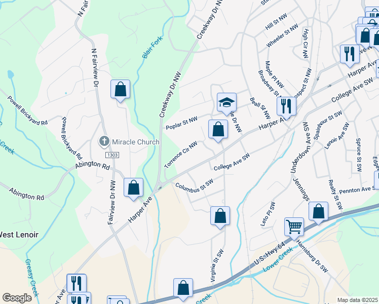 map of restaurants, bars, coffee shops, grocery stores, and more near 144 Torrence Circle Northwest in Lenoir