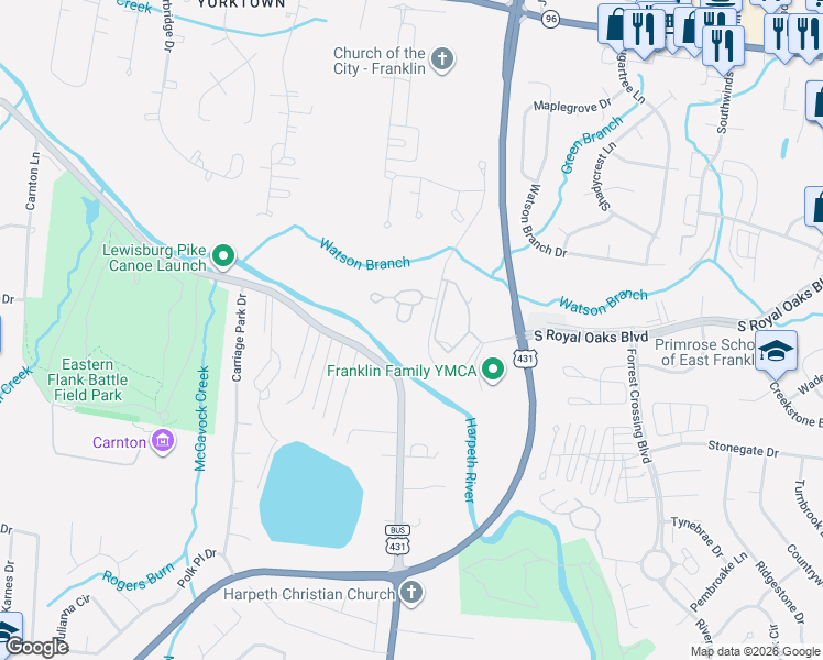 map of restaurants, bars, coffee shops, grocery stores, and more near 664 Ayrshire Circle in Franklin