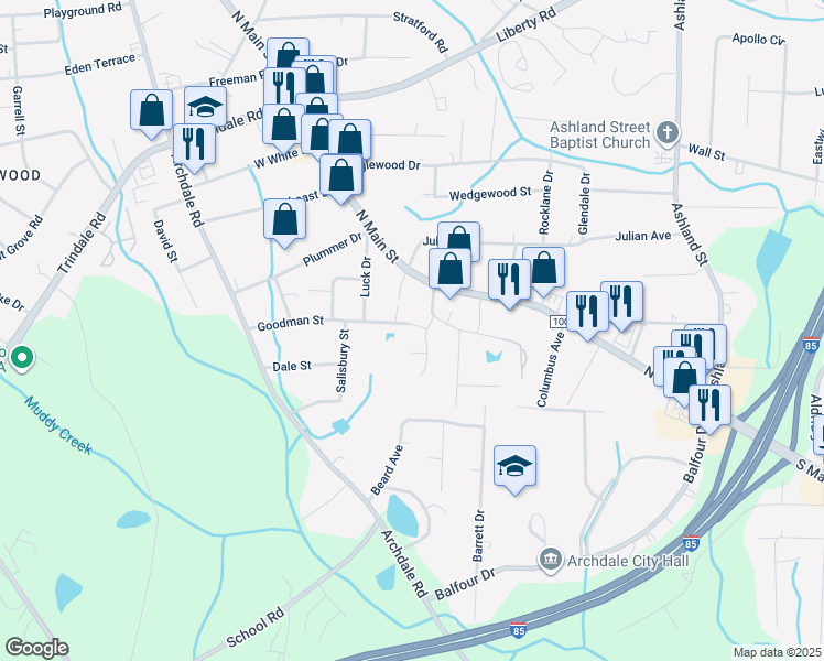 map of restaurants, bars, coffee shops, grocery stores, and more near 1506 Chelsea Square in Archdale