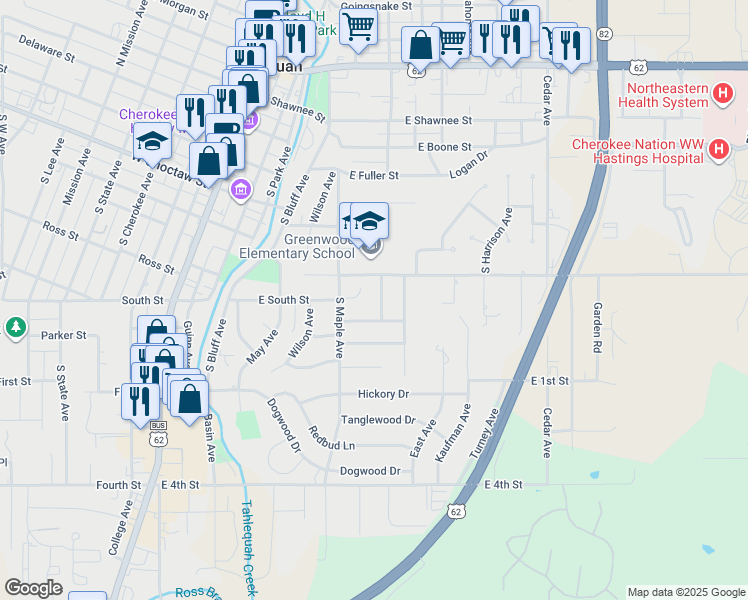 map of restaurants, bars, coffee shops, grocery stores, and more near 606 Oak Avenue in Tahlequah