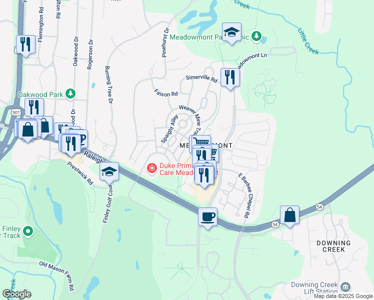 map of restaurants, bars, coffee shops, grocery stores, and more near 109 Weaver Mine Trail in Chapel Hill