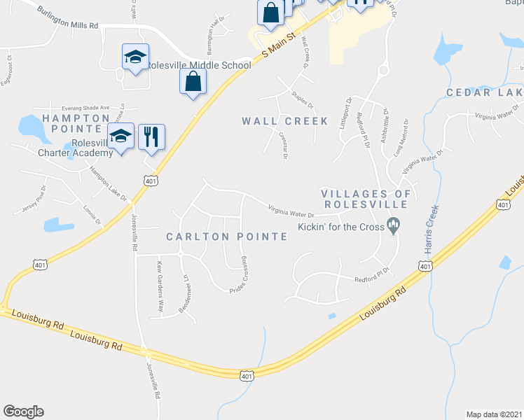 map of restaurants, bars, coffee shops, grocery stores, and more near 232 Virginia Water Drive in Rolesville