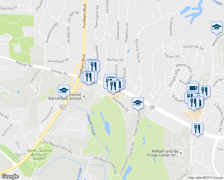 map of restaurants, bars, coffee shops, grocery stores, and more near 62 Prestwick Road in Chapel Hill