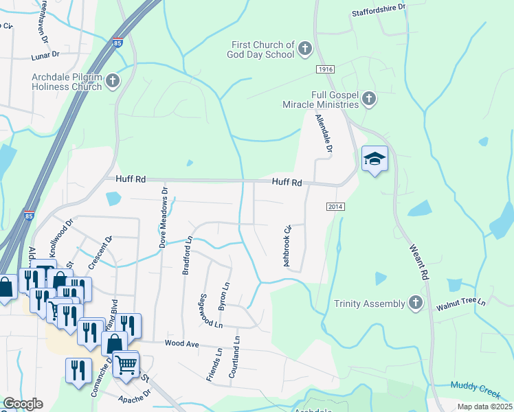 map of restaurants, bars, coffee shops, grocery stores, and more near 102 Autumn Hill Court in Archdale
