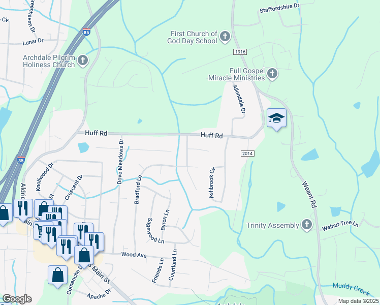 map of restaurants, bars, coffee shops, grocery stores, and more near 102 Autumn Hill Court in Archdale