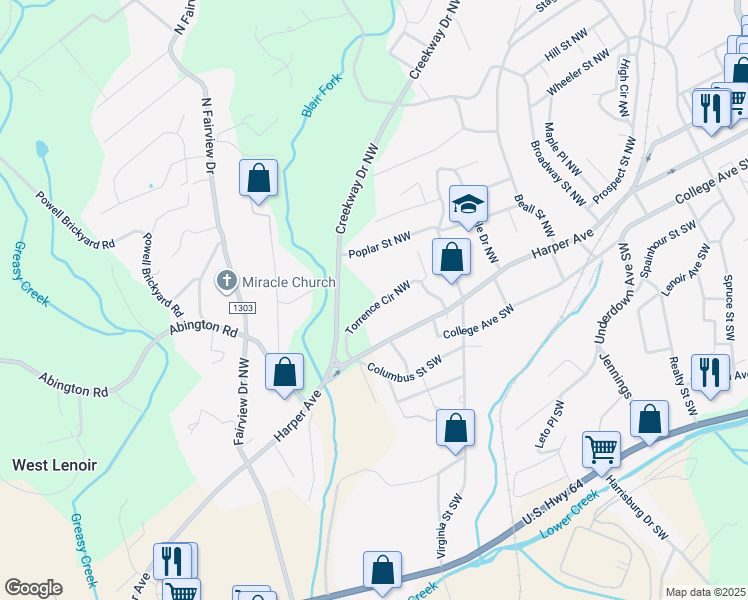 map of restaurants, bars, coffee shops, grocery stores, and more near 144 Torrence Circle Northwest in Lenoir