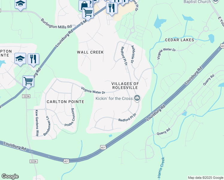 map of restaurants, bars, coffee shops, grocery stores, and more near 423 Virginia Water Drive in Rolesville