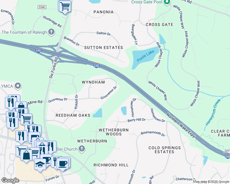 map of restaurants, bars, coffee shops, grocery stores, and more near 416 Grosvenor Drive in Raleigh